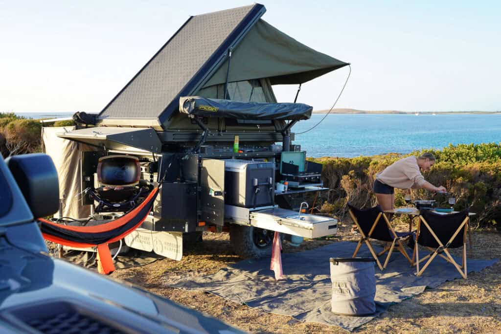 4wd patriot camper trailer set up at a free camp in Tasmania East Coast