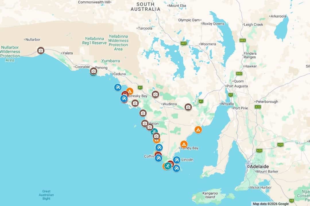 Map of camping spots, beaches and 4WD tracks on the Eyre Peninsula, South Australia