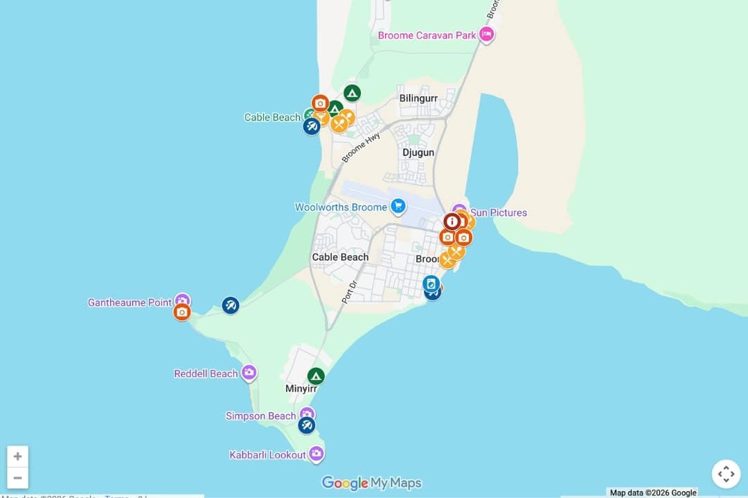 Map of Broome, Western Australia, with beaches, campsites, lookouts and things to do