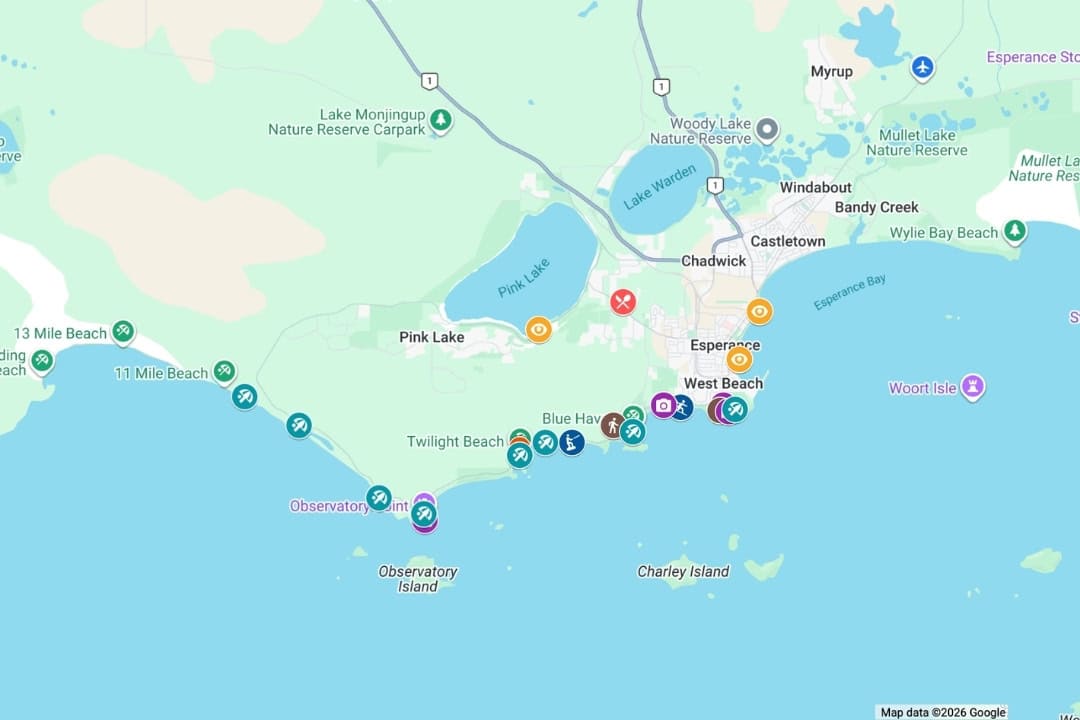 Map of the Great Ocean Drive loop at Esperance, Western Australia, with beaches, lookouts and stops